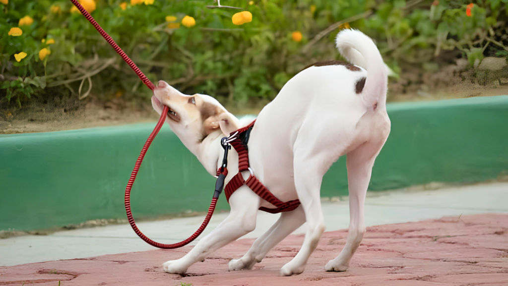 dog pulling on a leash